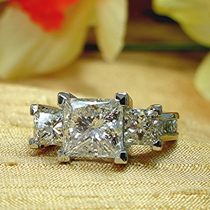 Six Carat Princess Cut Diamond, Platinum Three Stone Ring