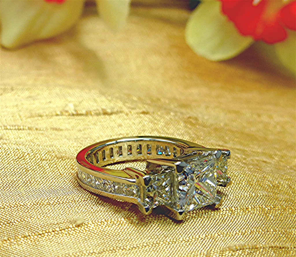 Six Carat Princess Cut Diamond, Platinum Three Stone Ring