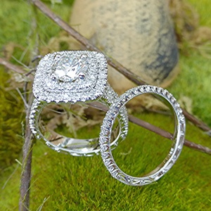 Double halo diamond engagement ring and band