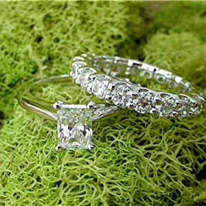 Emerald cut Diamond and eternity band set