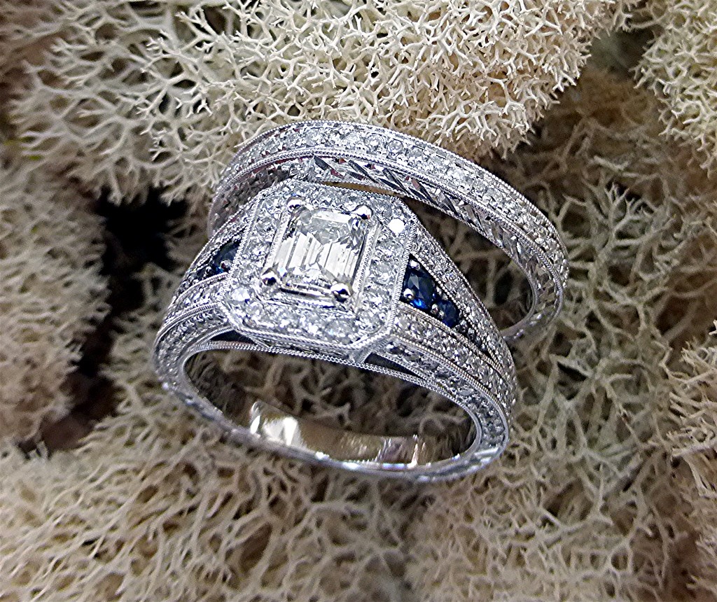 Emerald cut diamond engagement set.